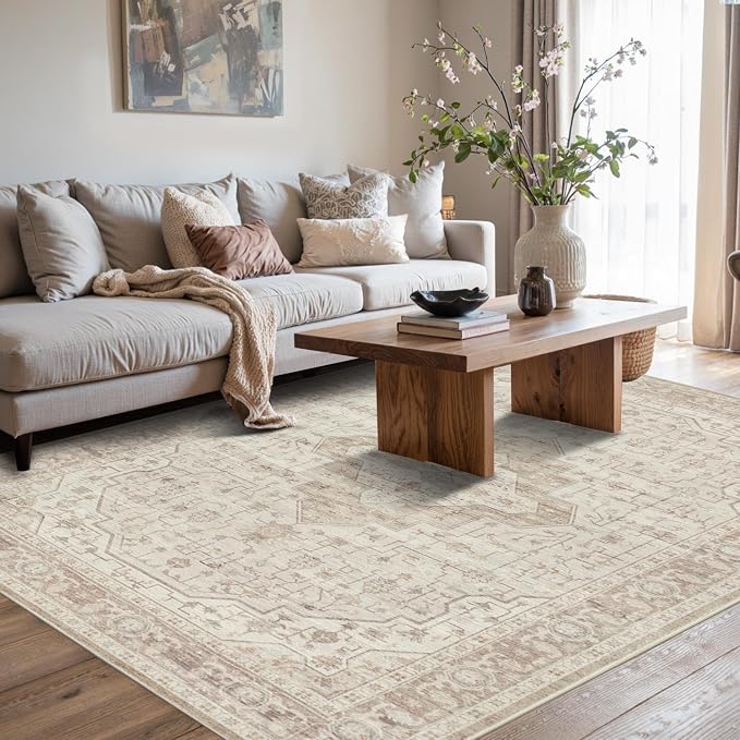 Rugxara 5X7 Washable Area Rug for Living Room, Vintage Neutral Large Boho Rugs - Image 3