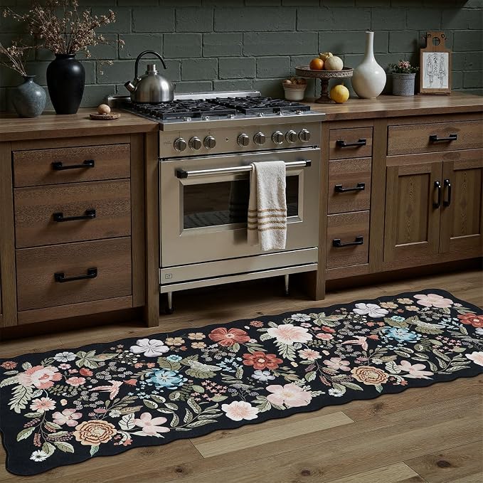 DCX Black Floral Rug 2x6, Washable Black Rug by DCXWashableRug