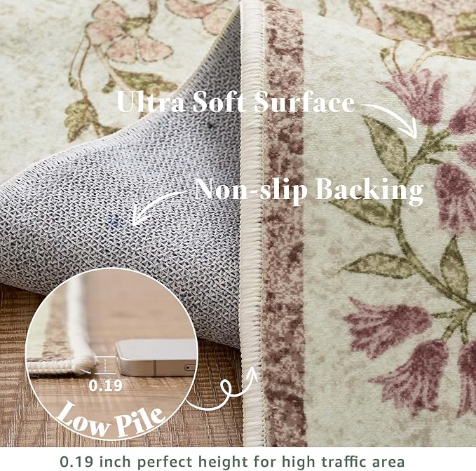 jinchan Zenith Floral Runner Rug 3x8 Washable Kitchen Runner Non-Slip Low-Pile - Image 6