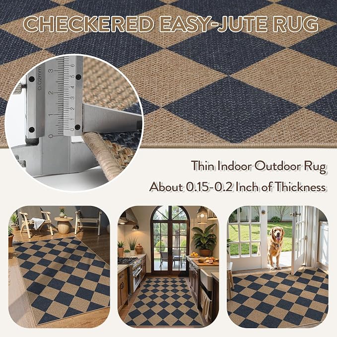 Lahome Colette Checkered Easy Jute Entryway Rug, 3x5 Washable Area Rugs - Image 2