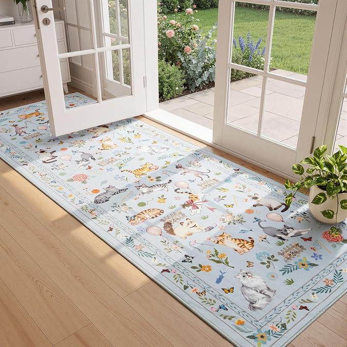 Unirea 2.6x8 Blue Grey Cat Runner Rug, Washable Non Slip Botanical Rug - Image 7