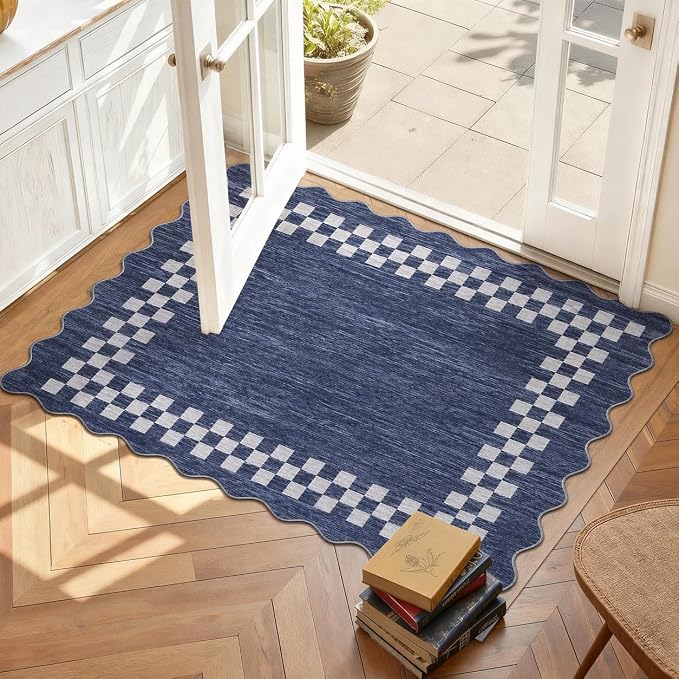 Small Area Rug 2x3 Modern Checkered Entry Rug Solid Color Scalloped Kitchen by GarveeHome