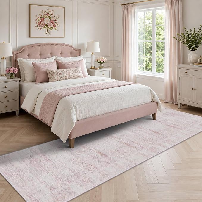 Latte&Fog Pink Washable Hallway Runner Rug 2x10, Non Slip Low Pile Soft Rugs - Image 3