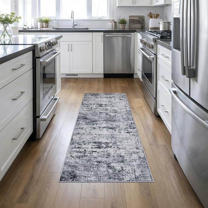 2'x6' Runner Rug Washable Rug: Modern Abstract Soft Thin Runner Rug Grey by FXRHLP