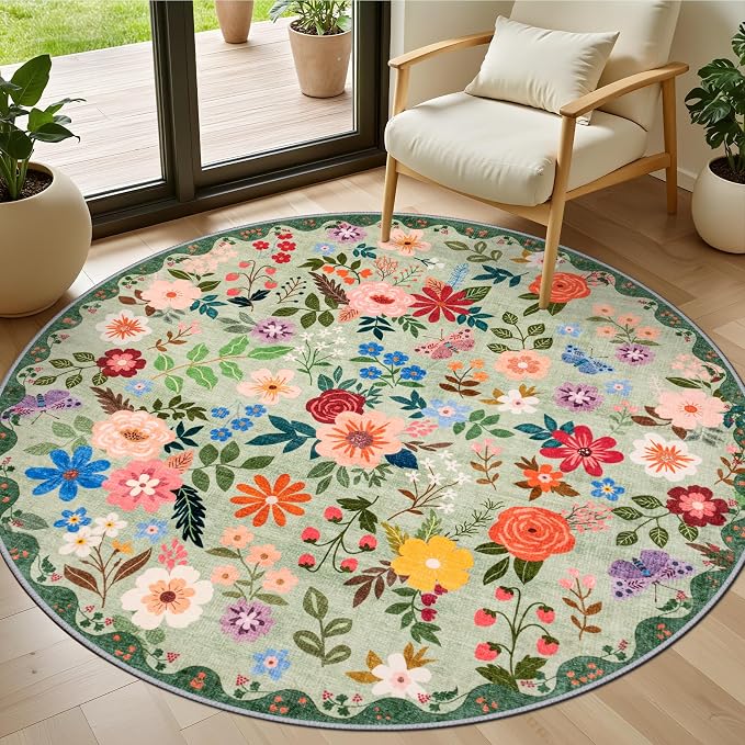 Round Area Rug for Living Room: 4 ft Floral Washable Circle Rug Soft Boho by PLHXFRSoftAreaRugs