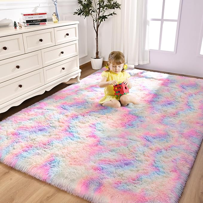 FlyDOIT Large Area Rugs for Living Room, 4x6 Feet Tie-Dyed Rainbow Shaggy Rug by FlyDOIT