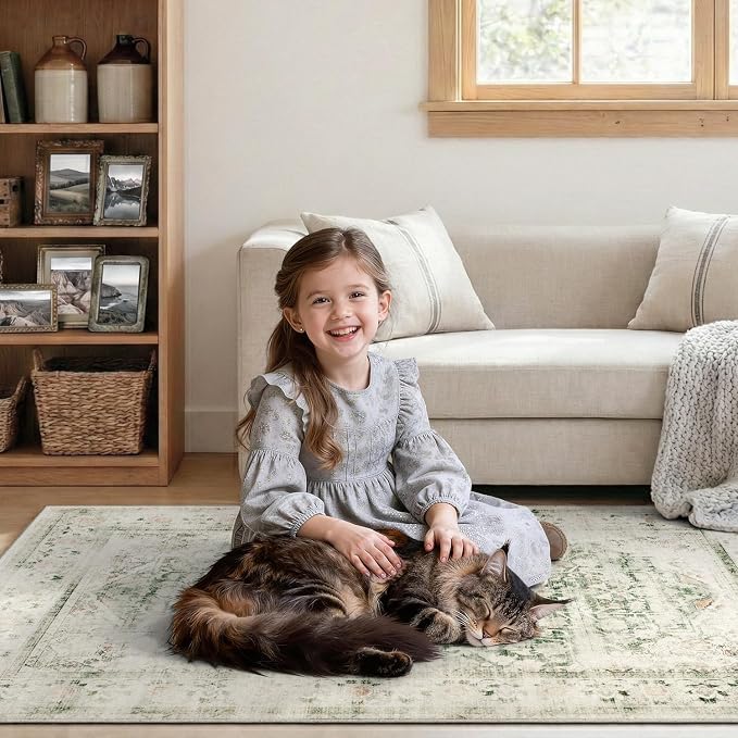 DCX 6x9 Green Rug, Machine Washable Stain Resistant Distressed Vintage Rug - Image 4
