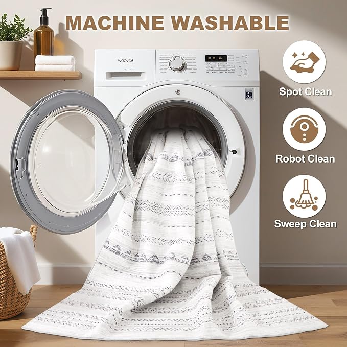 Nakagishi 10x12 Area Rug Living Room: Washable Boho Large Neutral Soft - Image 2