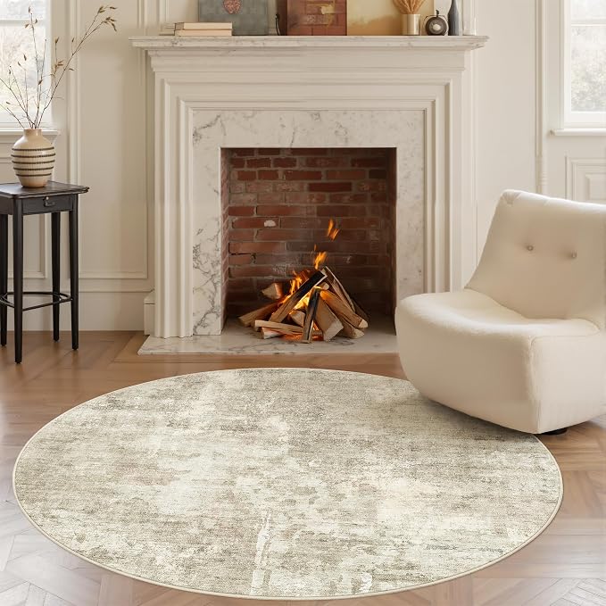 Soalmost 5x5 Beige Gray Round Rug 5ft Living Room Circle Rug Vintage Round Area - Image 2