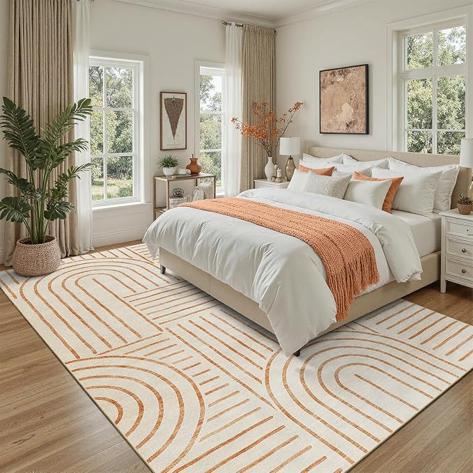 DCX Beige Machine Washable Area Rug 9x12, Midcentury Modern Non Slip Stain - Image 2