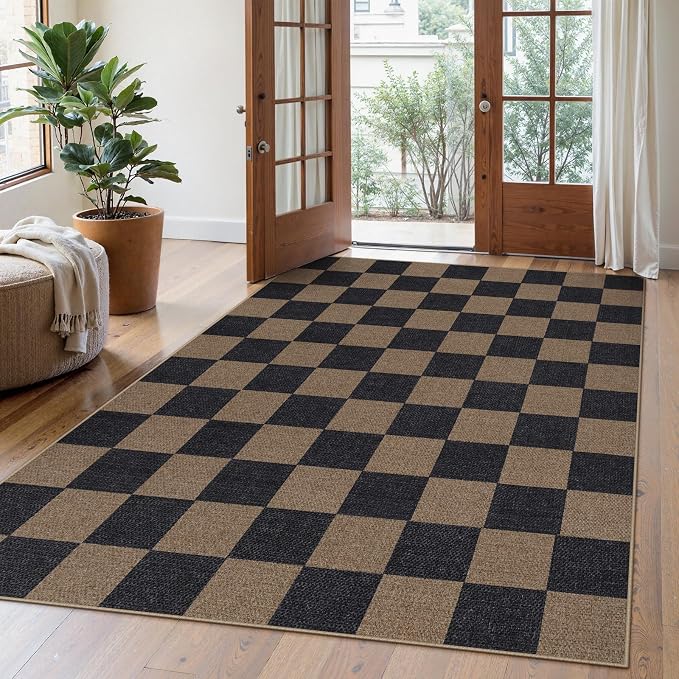Lahome Checkered Easy Jute Living Room Rugs, 5x7 Black Dining Room Office Rug - Image 7
