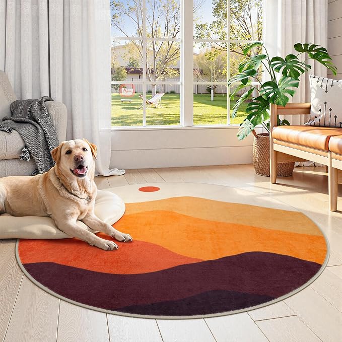 Sunset Round Rug 4ft, Soft Circular Bedroom Rugs Abstract Throw Carpet - Image 8