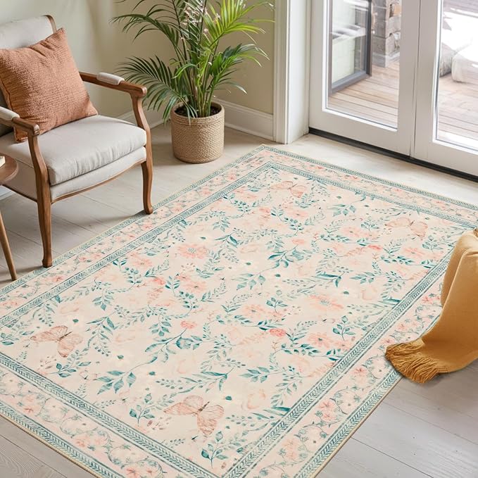 Rugxara Floral Entryway Rug, 3x5 Washable Area Rug, Non Slip Low Pile Small by Rugxara