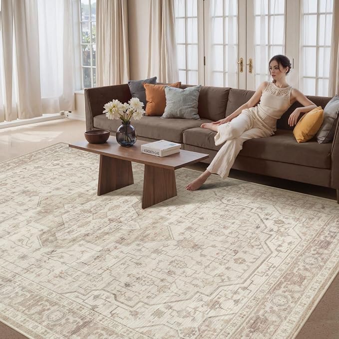 Rugxara 8x10 Washable Area Rug for Living Room, Vintage Neutral Extra Large - Image 3