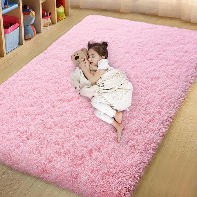 qulint Pink Area Rugs for Bedroom, 4x6 Fluffy Soft Kids Rugs for Girls Shag by QULINT