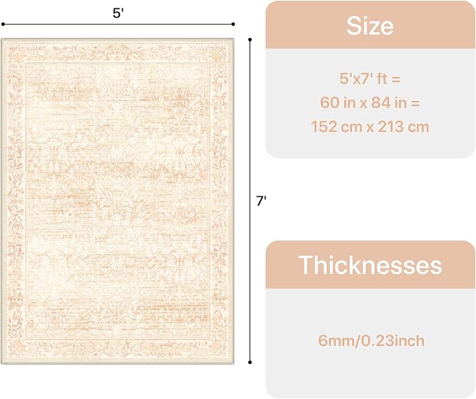 GENIMO 5x7 Floral Area Rug for Living Room, Vintage Boho Non-Slip Carpet - Image 2