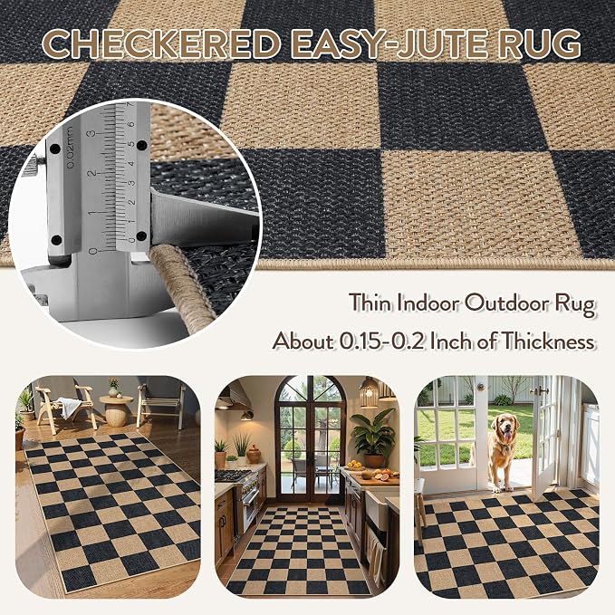 Lahome Colette Checkered Easy Jute Carpet, 3x5 Outdoor Patio Rug Washable Rugs - Image 5