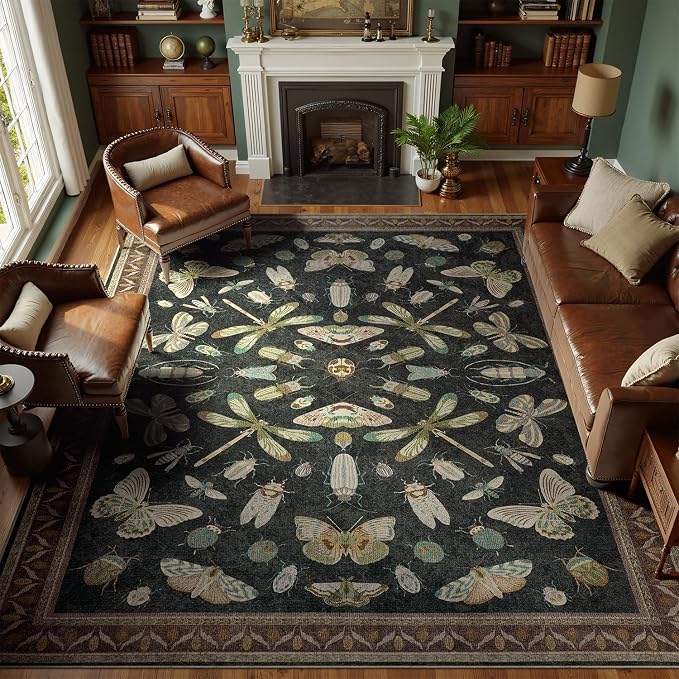 DCX Black 5x7 Washable Bug Rug, Botanical Insect Rug by DCXWashableRug