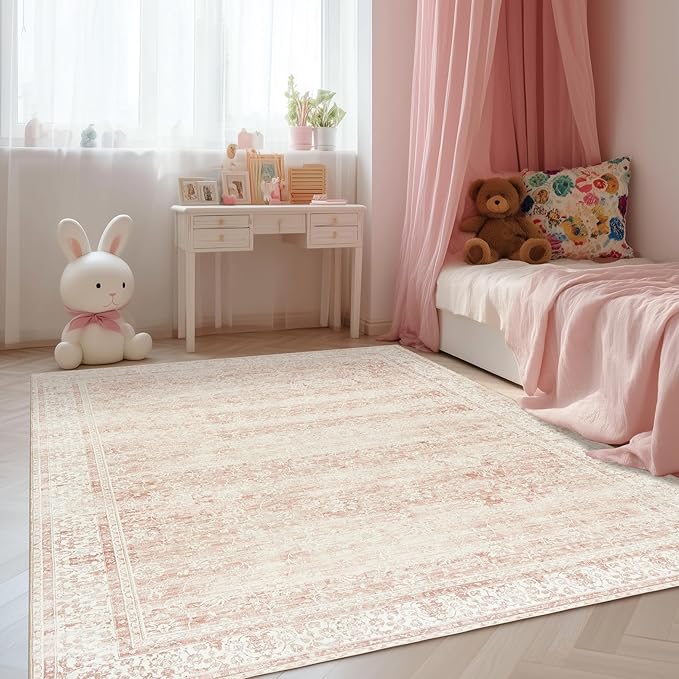 BILEEHOME Vintage Pink Rug 4x6 Washable Non Slip Floral Aesthetic Indoor Rugs - Image 7