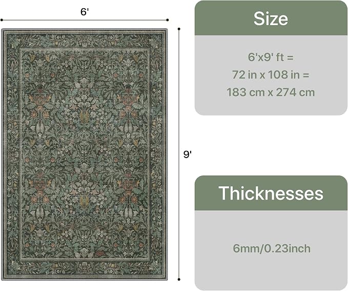 GENIMO 6x9 Washable Area Rug, Non-Slip Vintage Boho Floral Carpet, Soft - Image 2