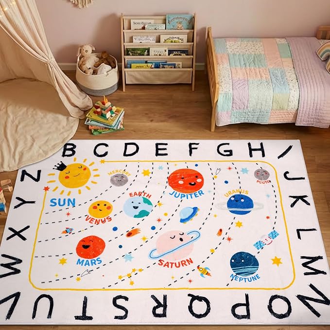 ABC Space Kids Rug, Washable Rug, Soft Plush Educational Large Rug by LTKOUGFAM