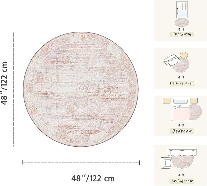 Latte&Fog 4ft Pink Floral Round Circle Area Rug, Low Pile Non Slip Indoor Small - Image 2