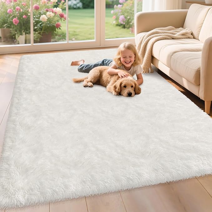 Soft White Fluffy Rugs for Living Room 5x8 Area Rug Shaggy White Carpet for by TENNOLA