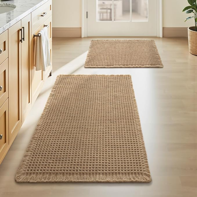 Upgraded Waffle Bath Mat Set of 2, Super Absorbent Non Slip Bath Mats by AMOAMI