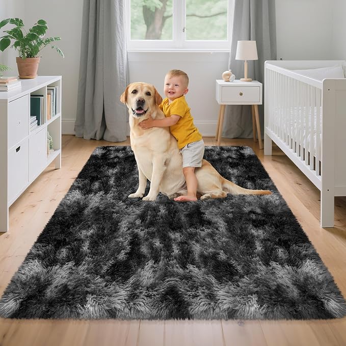 4x6 Dark Grey and Black Fluffy Rug - Image 3