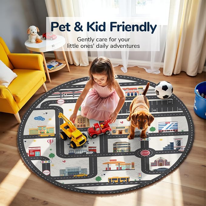 3.3ft Round Kids City Road Car Play Rug - Image 4