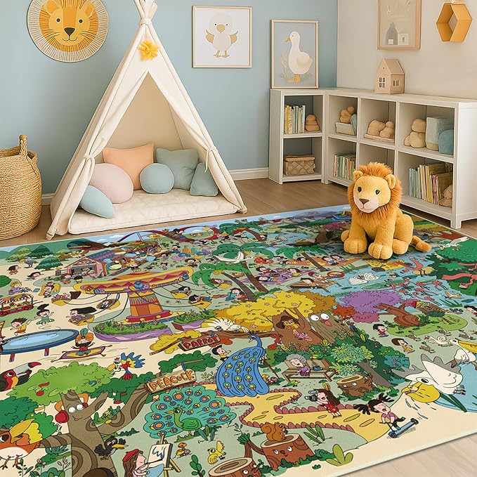 Whimsical Jungle Rug 6x9 for Kids Playroom – Cute Colorful Animal Safari Map by HazoHaus