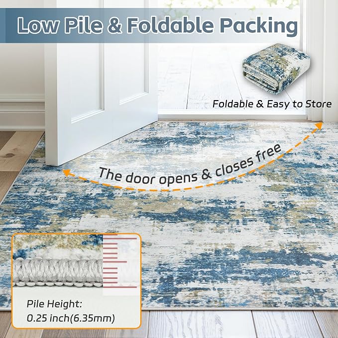 Area Rug 6x9 Living Room Rug Washable: No-Slip Abstract Soft Thin Large Blue - Image 8