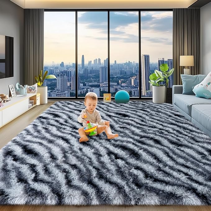 qulint Zebra Rug for Living Room, 8x10 Area Rug for Bedroom Soft Shaggy Animal - Image 9