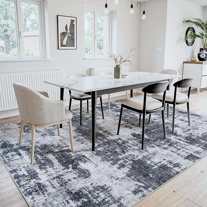 5x7 Area Rugs for Living Room Washable: Abstract Soft Thin Low Pile Black Rug - Image 9