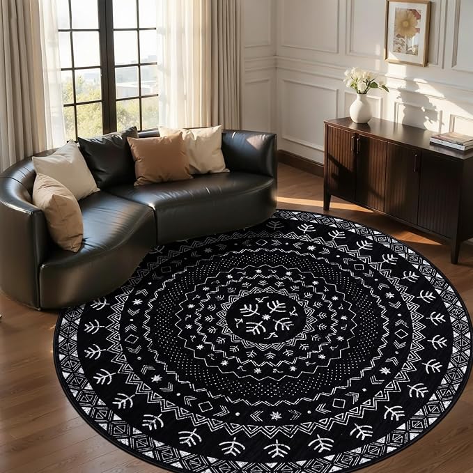 SERISSA Round Area Rug, 5ft Washable Non-Slip Black and White Boho Circle Rug by SERISSAHomeDecorCollection
