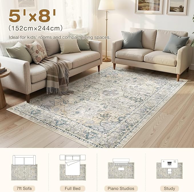 cotiled 5x8 Area Rug Machine Washable Vintage Carpet - Image 7