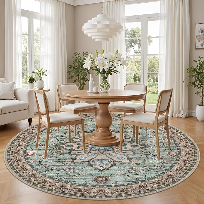 Round Area Rug for Living Room: 4 ft Washable Vintage Boho Soft Thin Circle Rug - Image 3