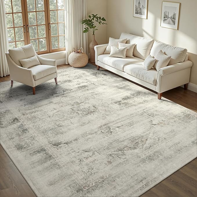 DCX 8x10 Vintage Rug, Machine Washable Stain Resistant Distressed Beige Rug by DCXWashableRug