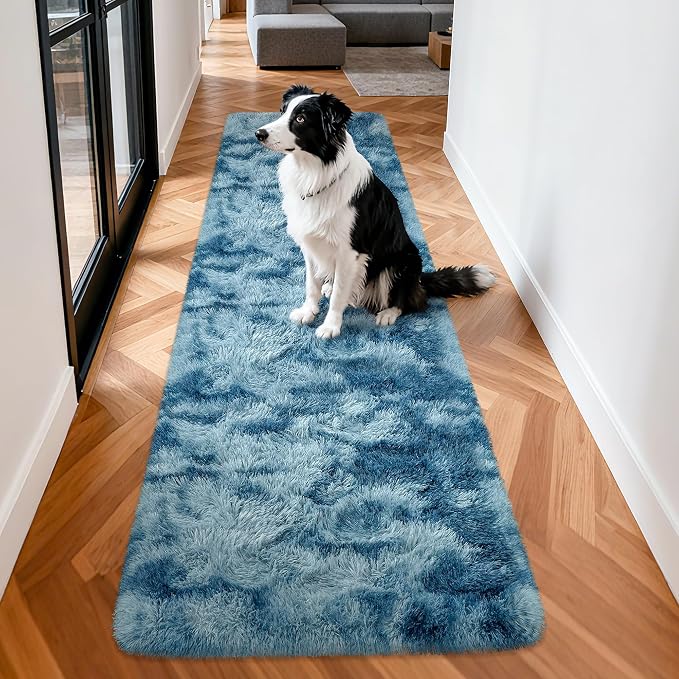 2x8 ft Plush High Pile Blue Tie-Dyed Rug Fluffy Soft Runner Bedside Rug - Image 3