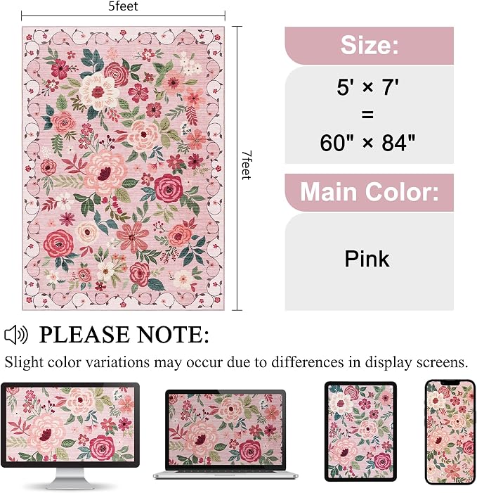 DUKINO 5x7 Area Rug, Nursery Floral Rugs - Image 2