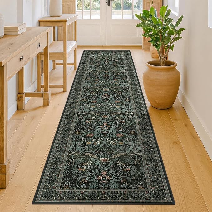 2x10 Long Hallwag Runner Rug 10ft, Washable Dark Green Indoor Floor Mats - Image 8
