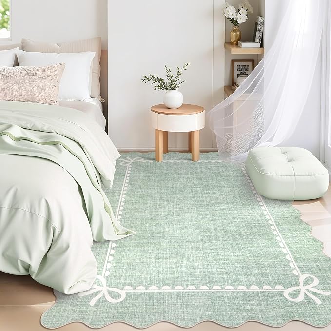GarveeHome Scalloped Bow Rug for Living Room, Sage Green Rug for Dorm, Washable - Image 2
