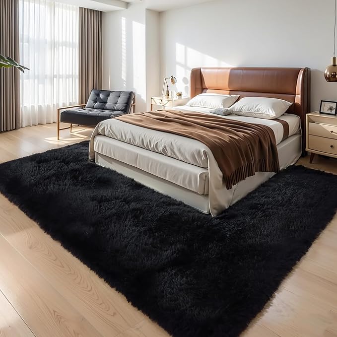 KICHOWUA Thick Area Rug Black Fluffy Shag 3x5 - Image 6