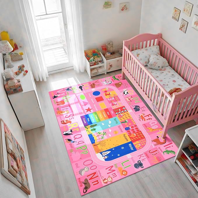 Pink Kids Rug for Playroom Classroom, ABC Alphabet Numbers Play Toddlers Rugs - Image 3