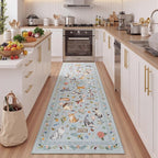Unirea 2.6x8 Blue Grey Cat Runner Rug, Washable Non Slip Botanical Rug by UNIREA