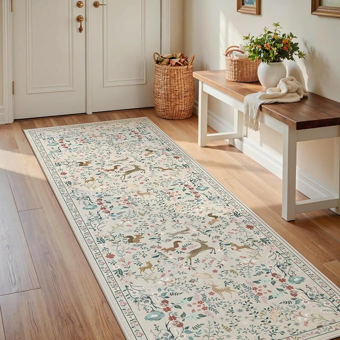 Runner Rug Washable Runners Kitchen Rugs Non Slip Neutral Floral Carpet Low Pile - Image 2