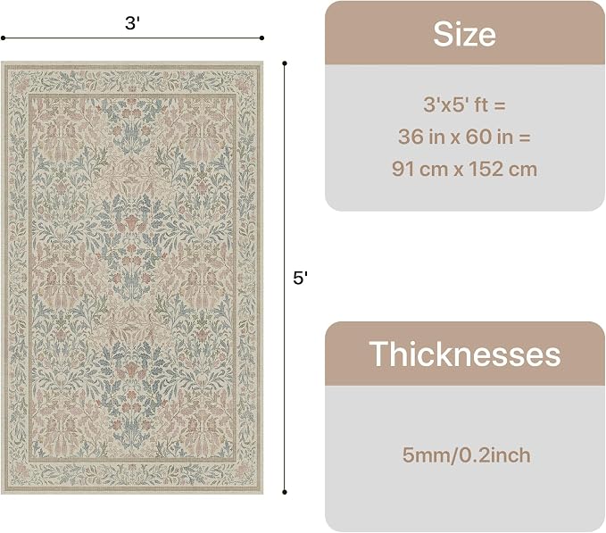 GENIMO Washable 3x5 Area Rug, Soft Vintage Floral Boho Carpet, Low-Pile - Image 2