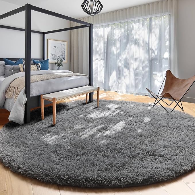 Amdrebio Grey Round Rugs 6Ft for Bedroom Living Room Decor, Fluffy Shaggy - Image 6