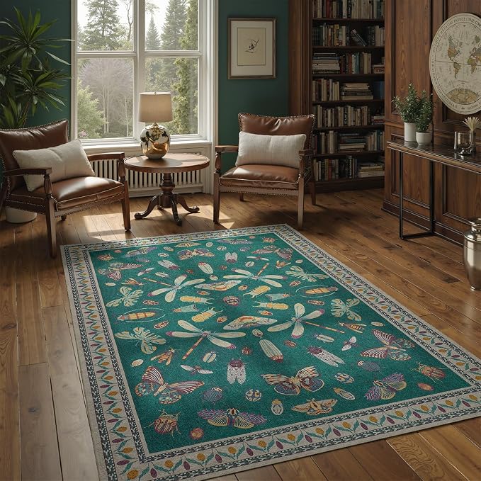 DCX 5x7 Washable Insect Rug, Vintage Gothic Deep Teal Rug - Image 3