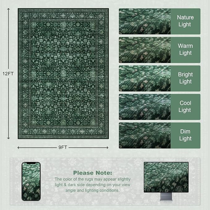 Area Rugs 9x12 Living Room Rug: Washable Rug Soft Vintage Distressed Floral - Image 2